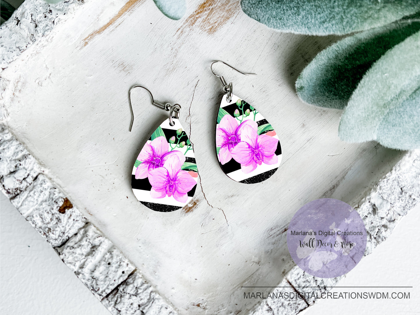 Teardrop DB Purple Floral Black Stripe Earrings