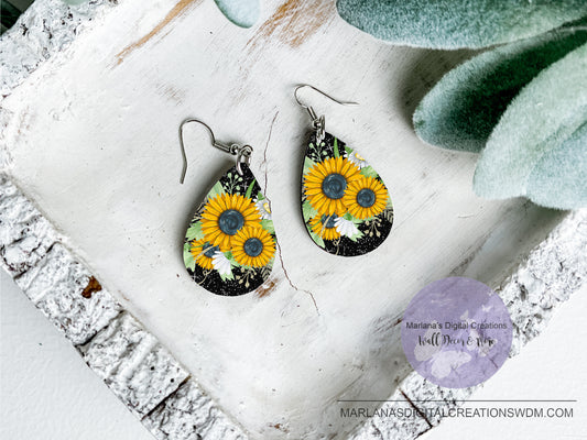 Teardrop DB Sunflowers Black Earrings