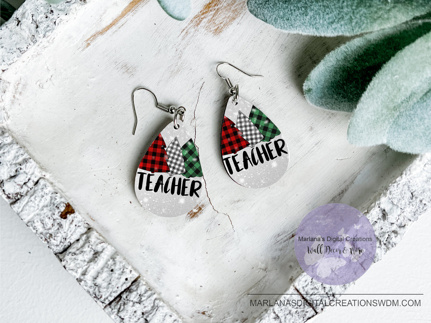 Teardrop DB Teacher Christmas Trees White Glitter Earrings