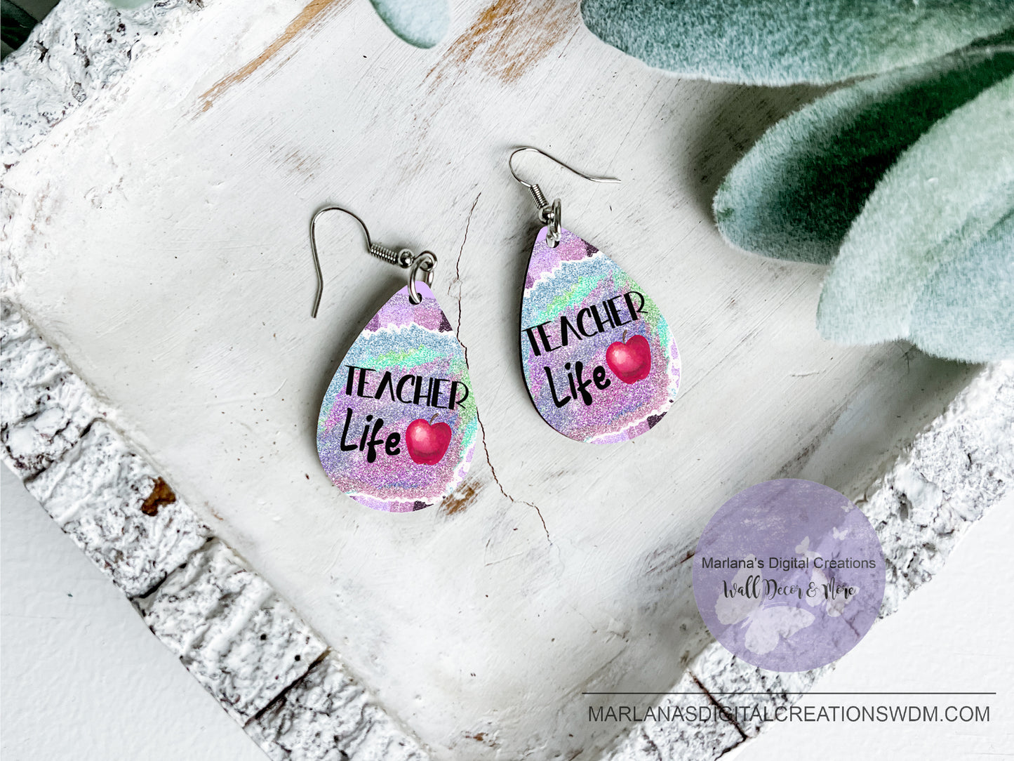 Teardrop DB Teacher Life Purple Glitter Earrings