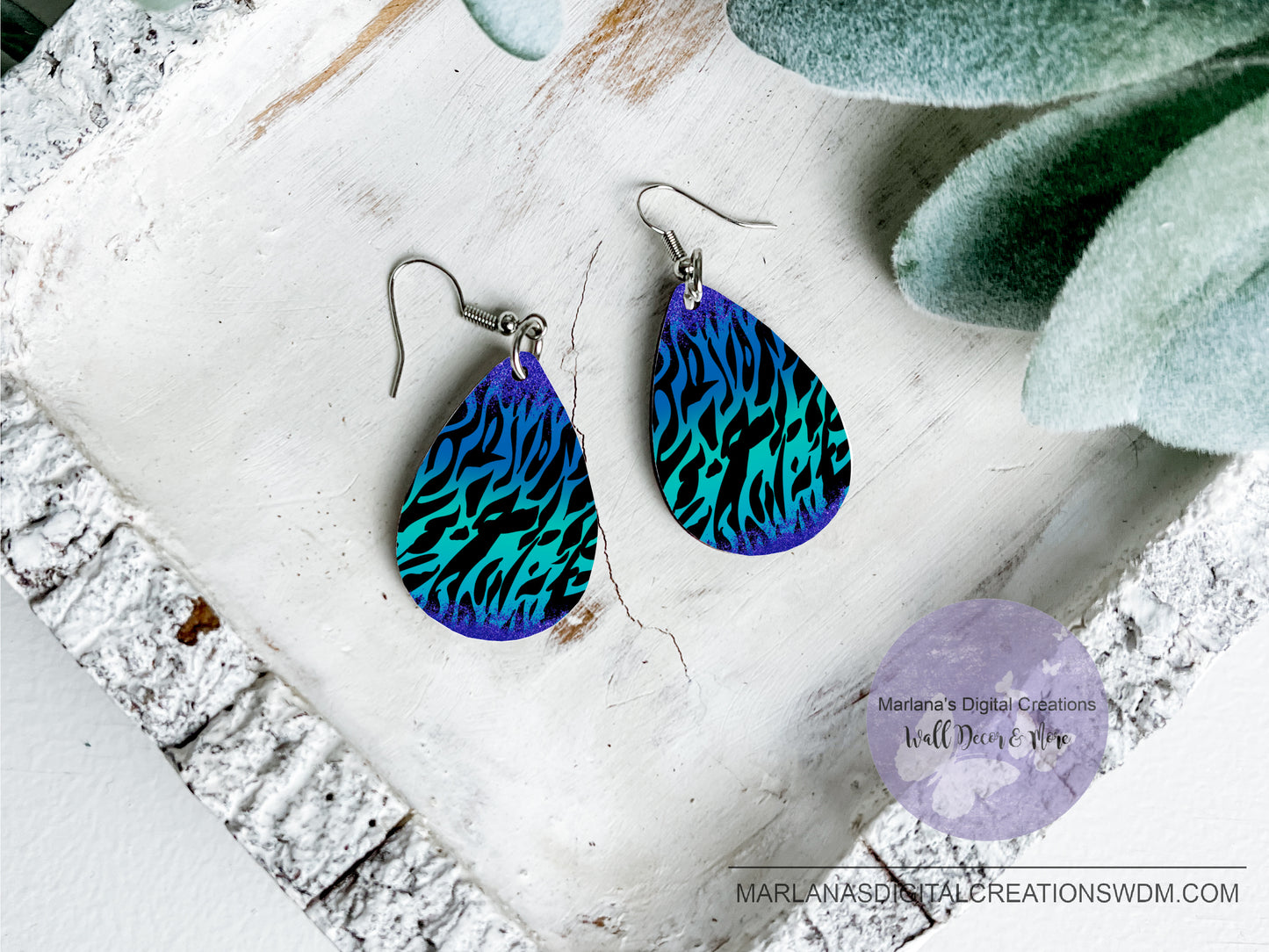 Teardrop DB Zebra Aqua Blue Glitter Earrings