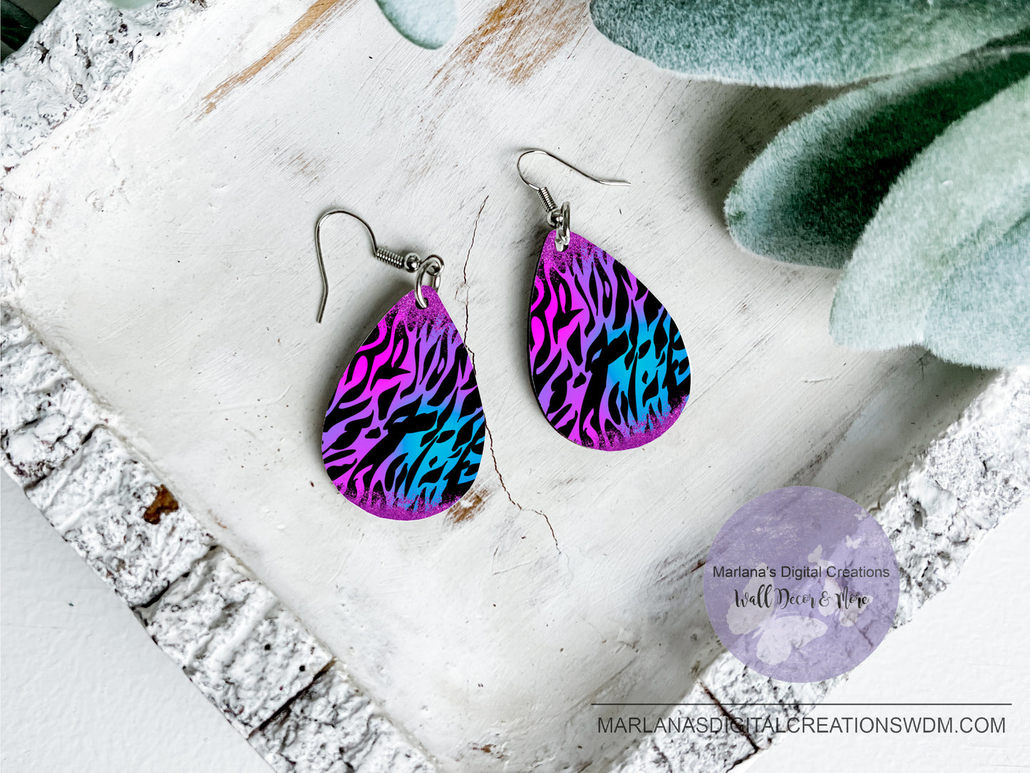 Teardrop DB Zebra Aqua Purple Glitter Earrings