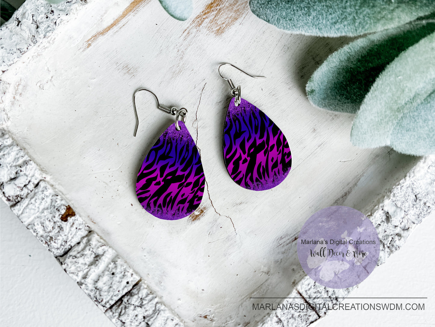 Teardrop DB Zebra Blue Purple Glitter Earrings