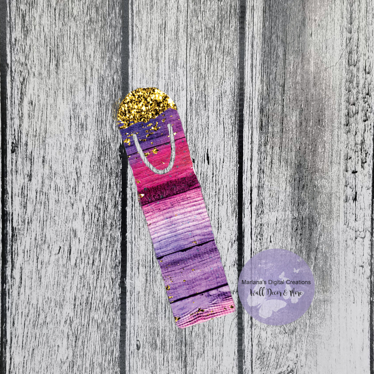 Gold Glitter Purple Pink Wood Bookmark