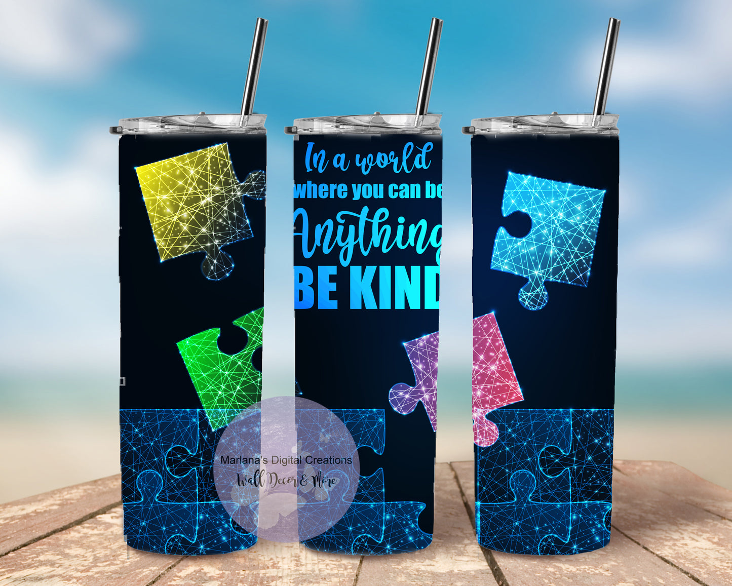 In A World Where You Can Be Anything Be Kind Autism 20oz Skinny Tumbler