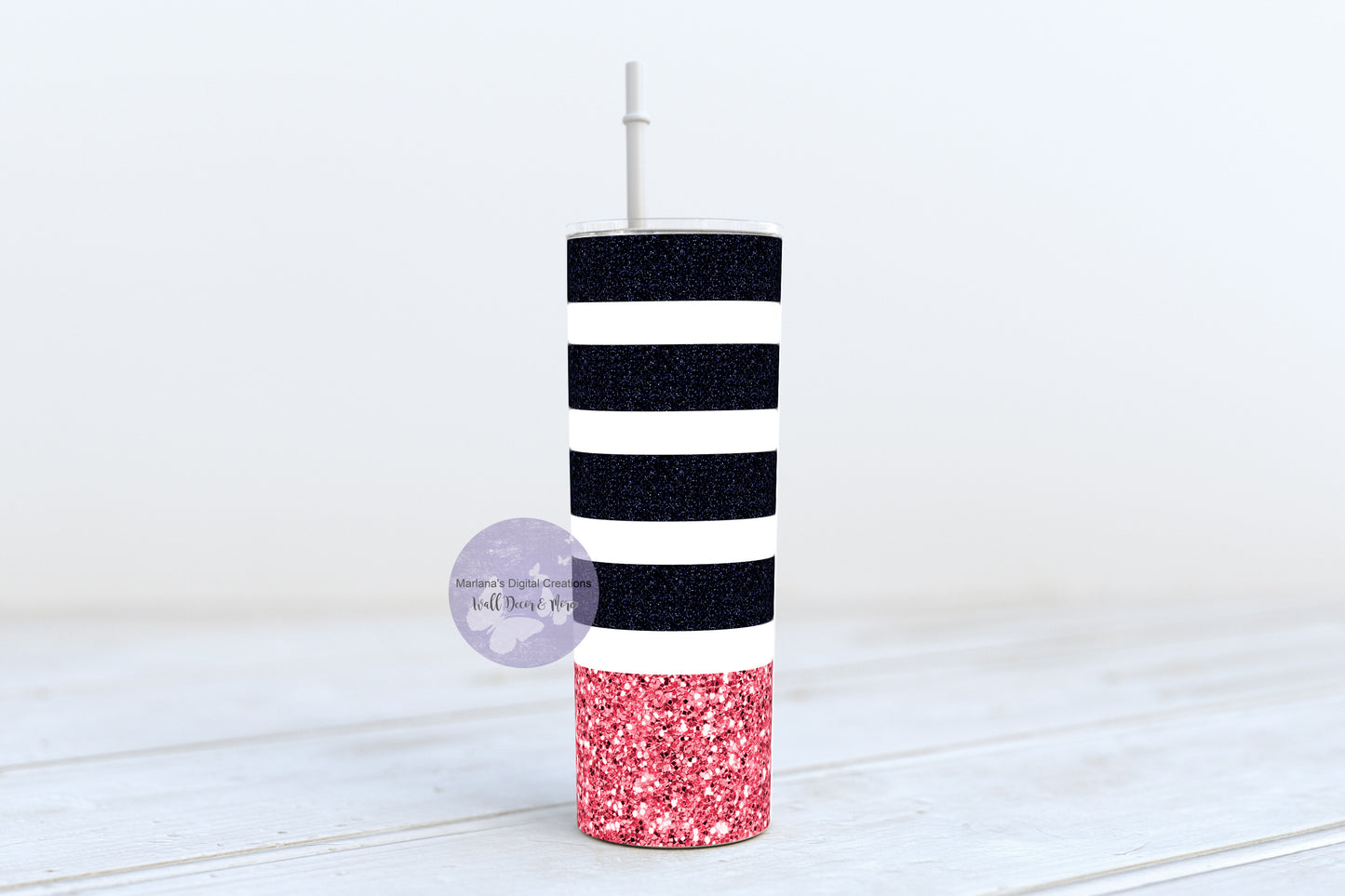 Pink With Navy Blue Stripes 20oz Skinny Tumbler