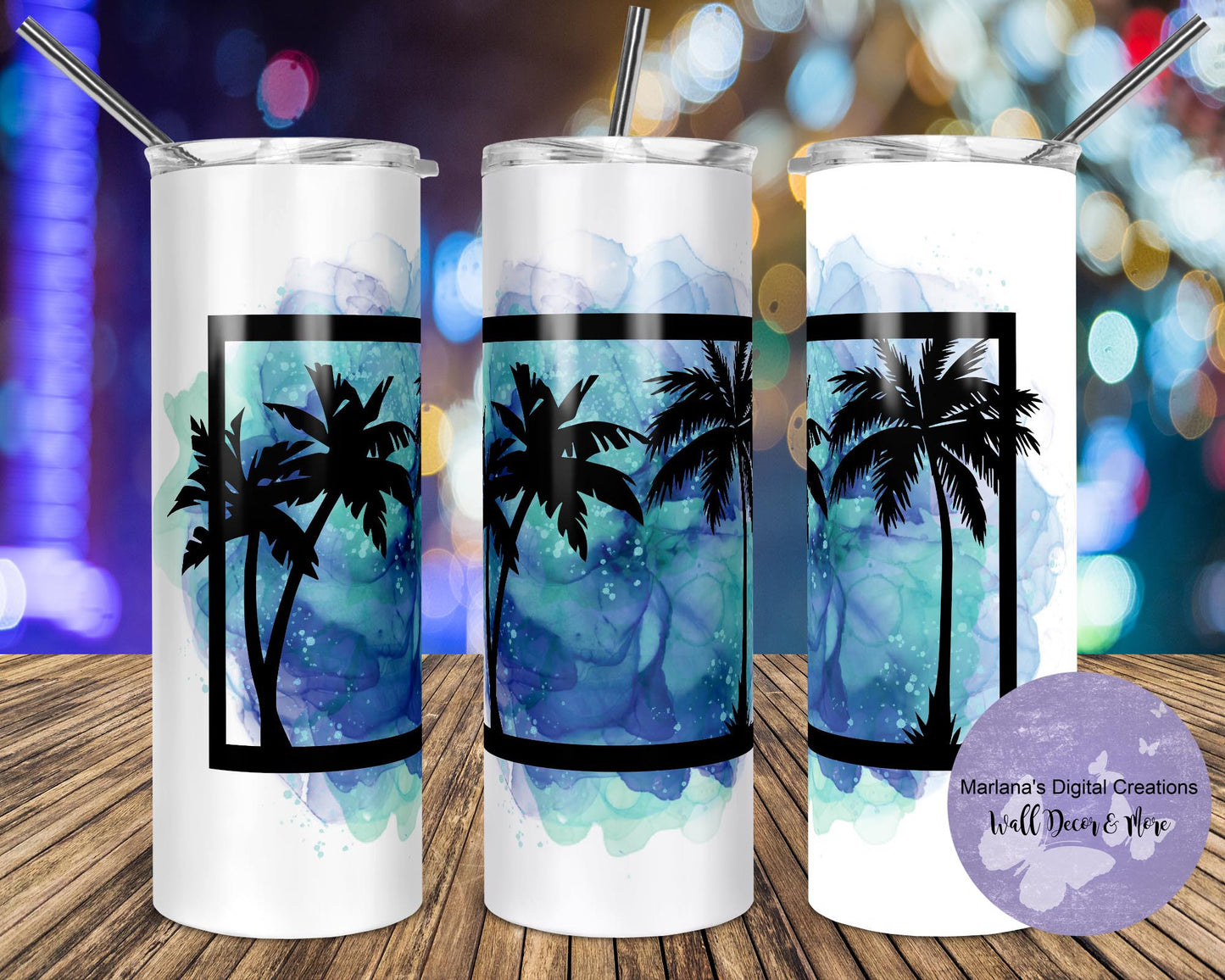 Palm Tree Splash Green Blue 20oz Skinny Tumbler