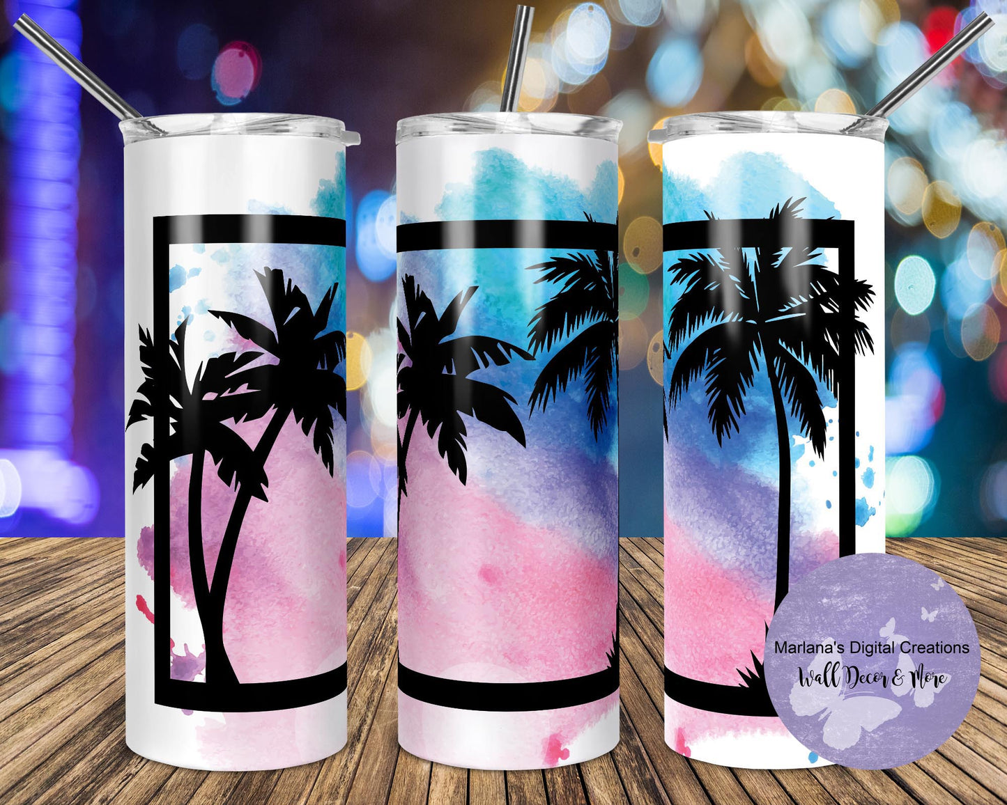 Palm Tree Splash Pink Blue 20oz Skinny Tumbler