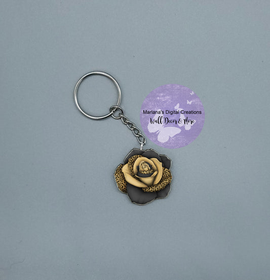 Patterned Rose Leopard Black Tan Keychain