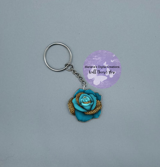 Patterned Rose Leopard Teal Keychain