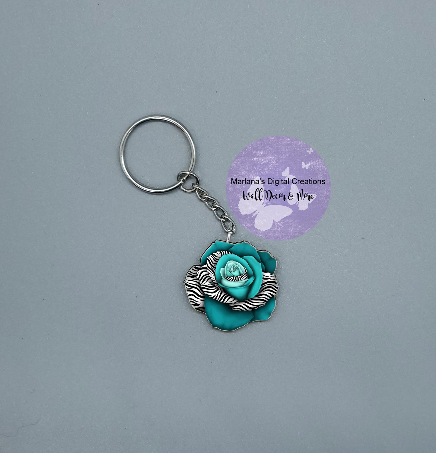 Patterned Rose Zebra Teal Keychain