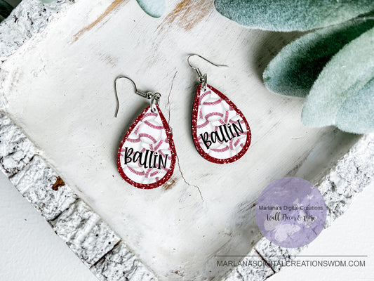 Teardrop SK Baseball Ballin' Red Glitter Earrings