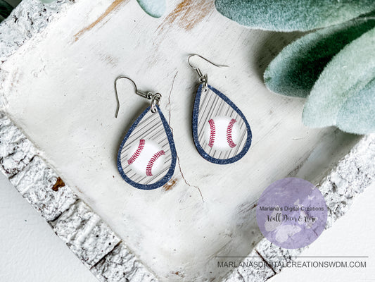 Teardrop SK Baseball Blue Glitter Earrings