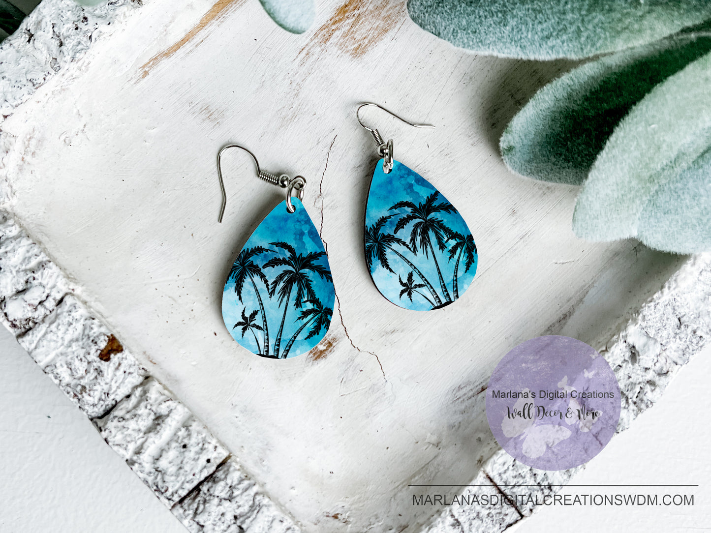 Teardrop SK Palm Trees Blue Sunset Earrings