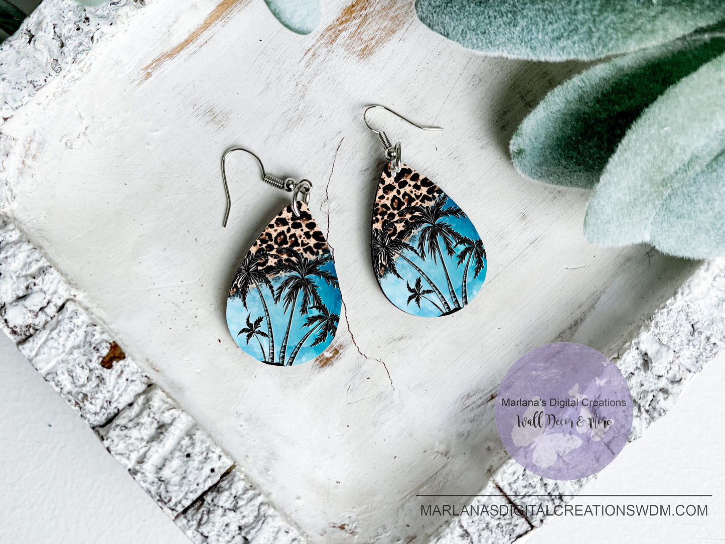 Teardrop SK Palm Trees Blue Sunset Leopard Earrings