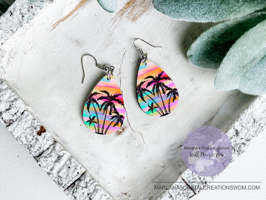 Teardrop SK Palm Trees Pink Sunset Earrings