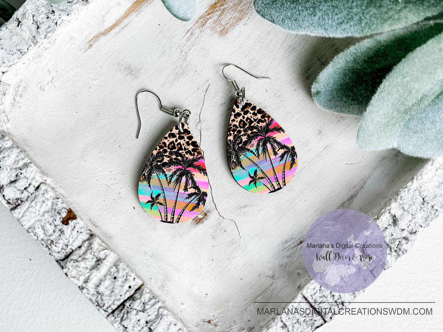 Teardrop SK Palm Trees Pink Sunset Leopard Earrings