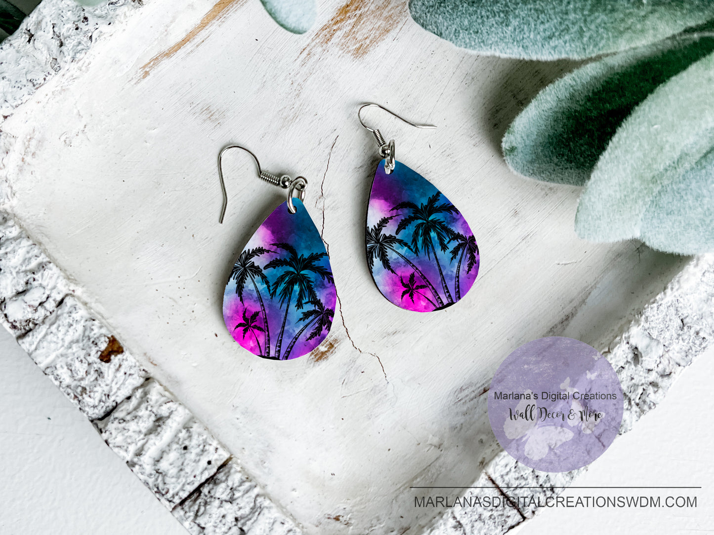 Teardrop SK Palm Trees Purple Blue Sunset Earrings