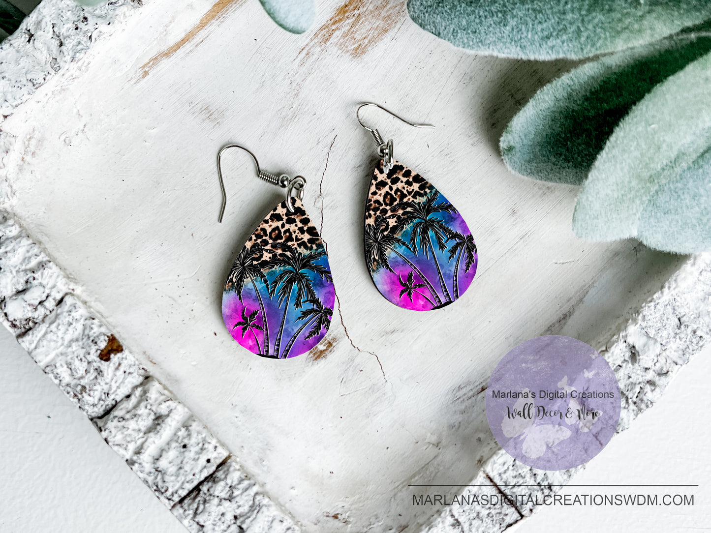 Teardrop SK Palm Trees Purple Blue Sunset Leopard Earrings