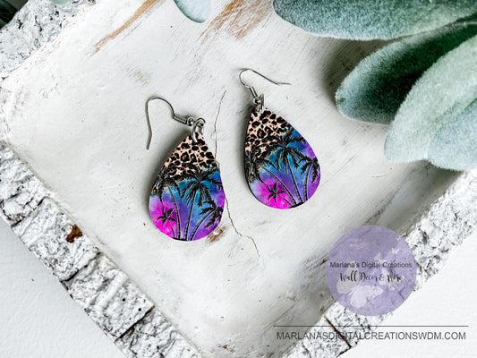 Teardrop SK Palm Trees Purple Blue Sunset Leopard Earrings