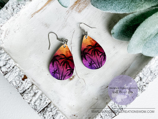 Teardrop SK Palm Trees Purple Sunset Earrings