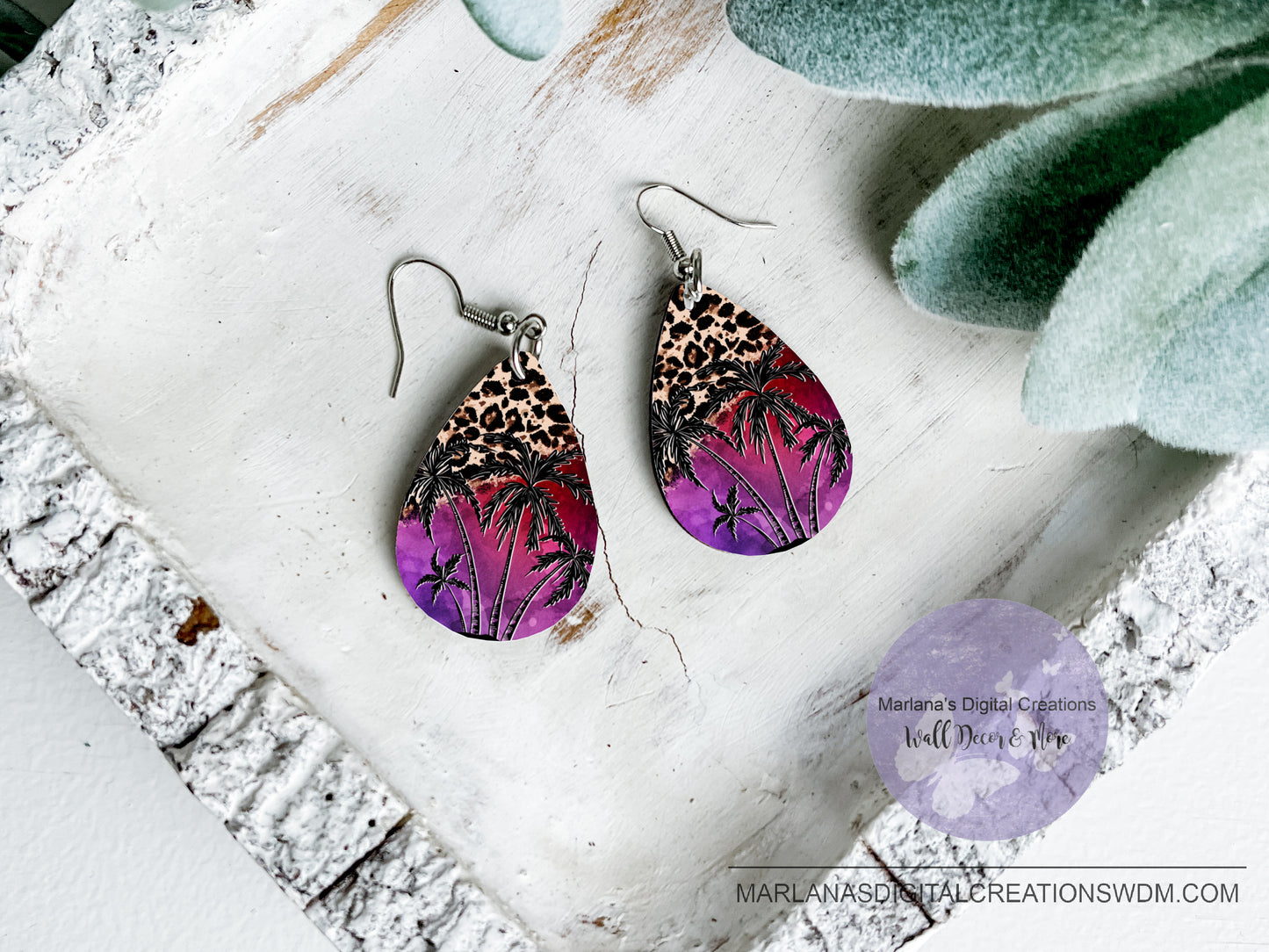 Teardrop SK Palm Trees Purple Sunset Leopard Earrings