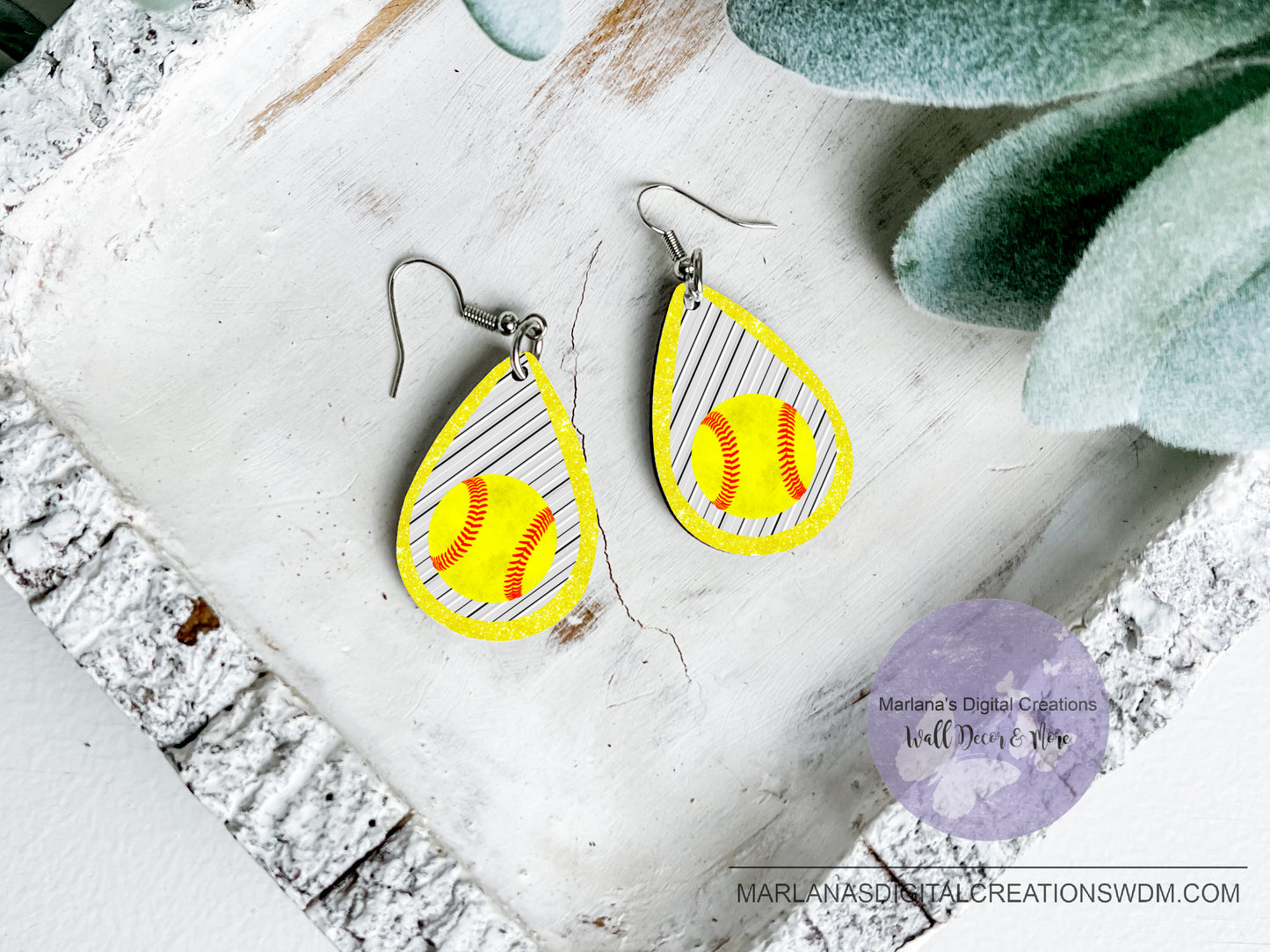 Teardrop SK Softball Yellow Glitter Earrings