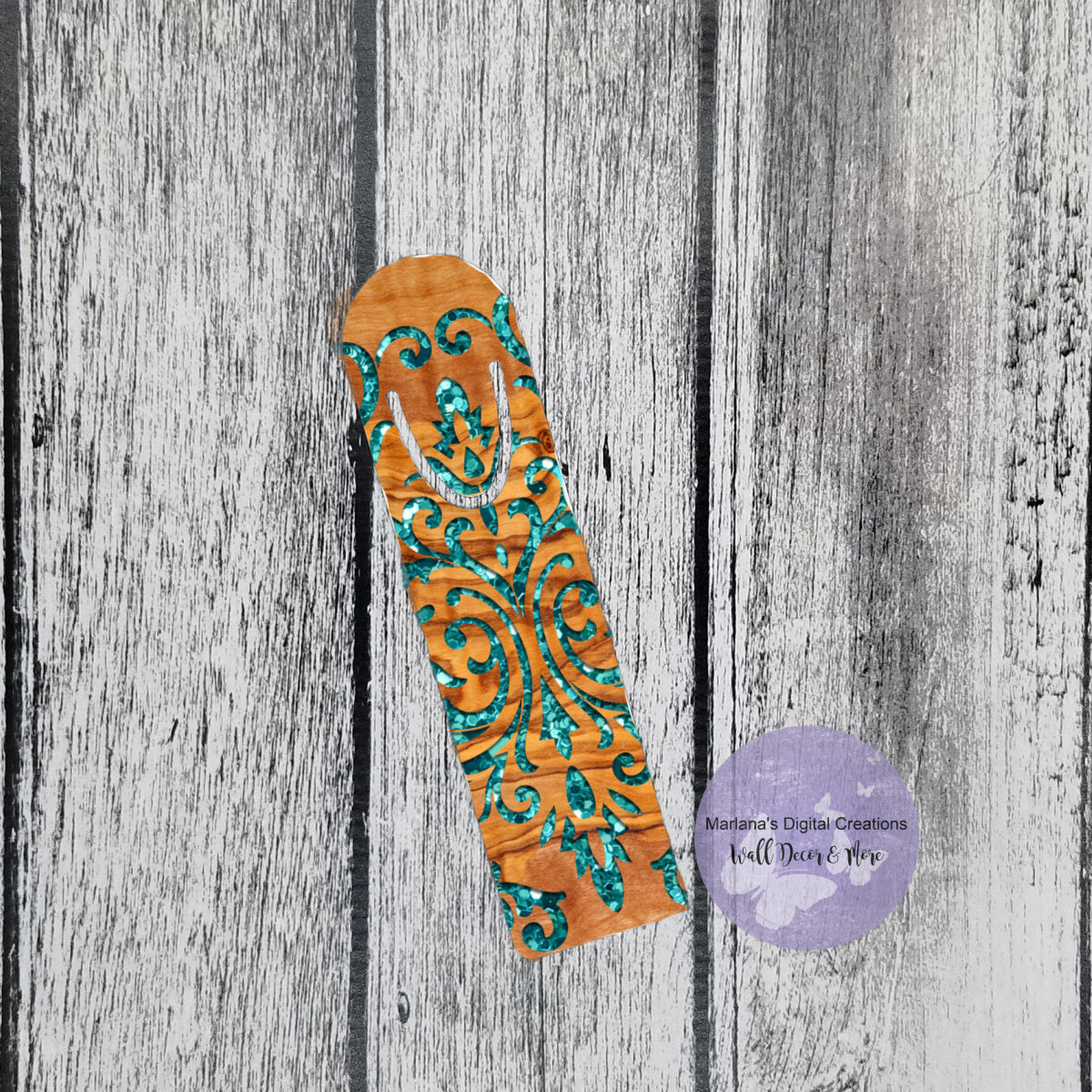 Teal Glitter Pattern In Wood Bookmark